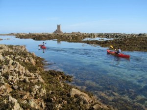 Sea kayaking the gullies at la Rocque to Seymour tower